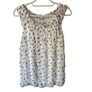 Giusy Y2K Vintage Silk White and Blue Bird Smocked Flutter Sleeve Blouse Size S